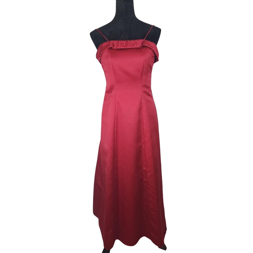 Vintage MORILEE Size 3/4 Red Satin Beaded Princess Seam Maxi Dress Ball Gown